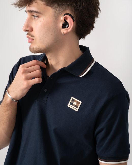 Aquascutum Blue Stretch Piquet Tipped Badge Polo Shirt for men