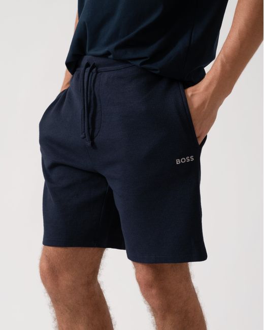Boss Blue Waffle Cotton Blend Waffle Structure Pyjama Shorts With Embroidered Logo for men