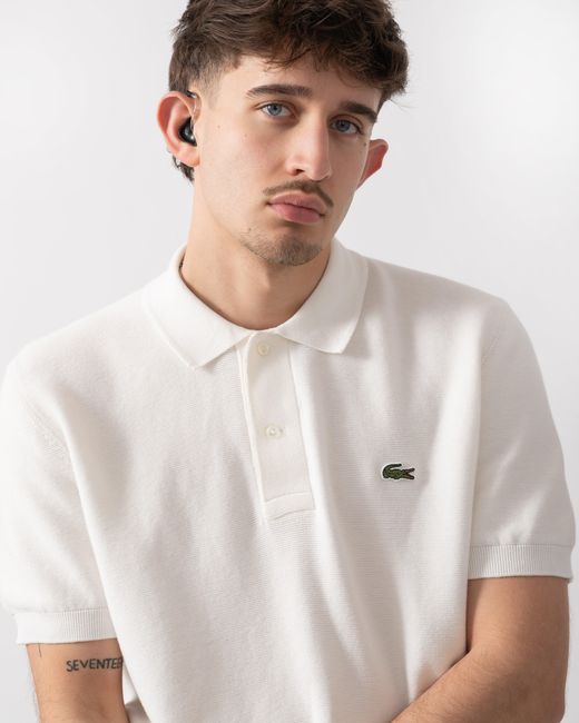 Lacoste White Moss Stitch Cotton Polo Collar Sweater for men