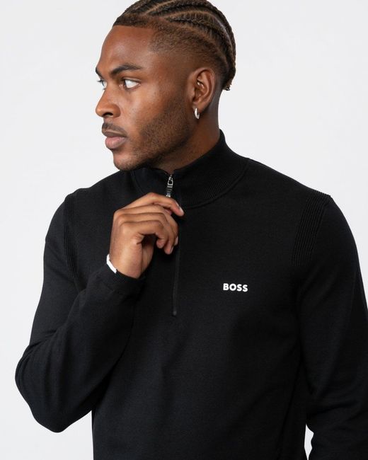 Boss Black Ever-x Cotton Blend Zip-neck Sweater With Logo Print for men