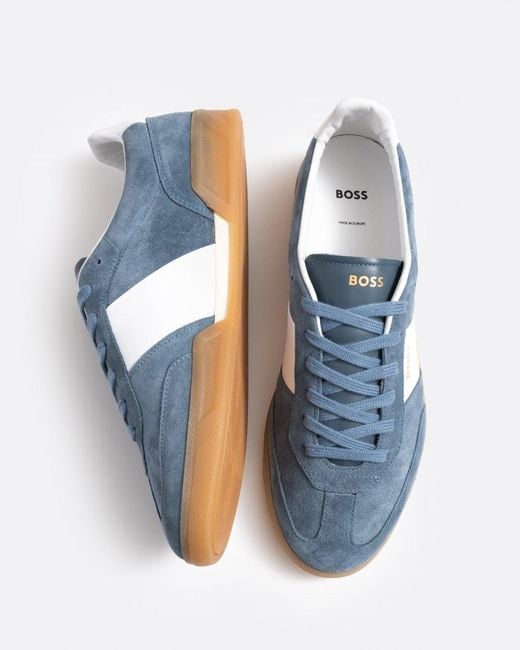 Boss Blue Brandon Suede-leather Lace-up Trainers With Branding for men