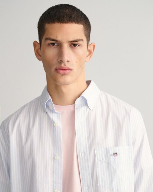 Gant White Regular Fit Long Sleeve Poplin Stripe Shirt for men