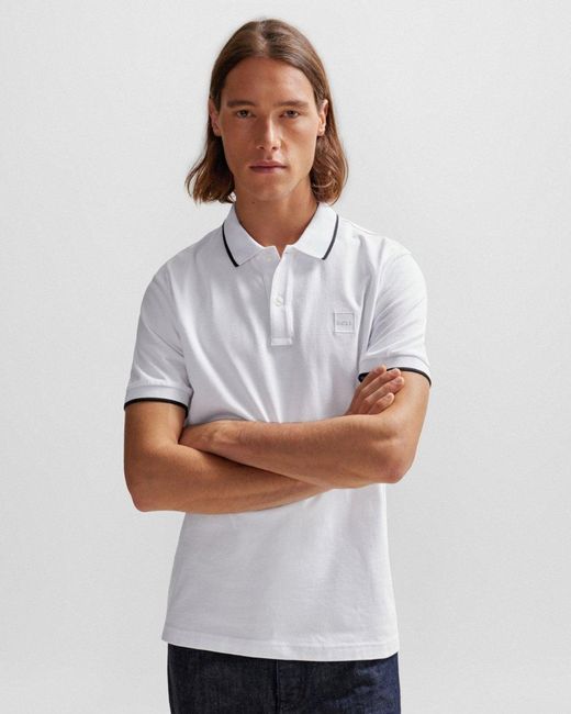 Boss White Passertip Short Sleeve Polo Shirt With Tipped Collar for men