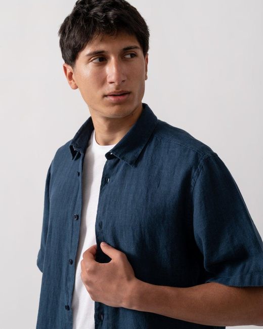 Oliver Sweeney Blue Somerton Short Sleeve Linen Shirt for men