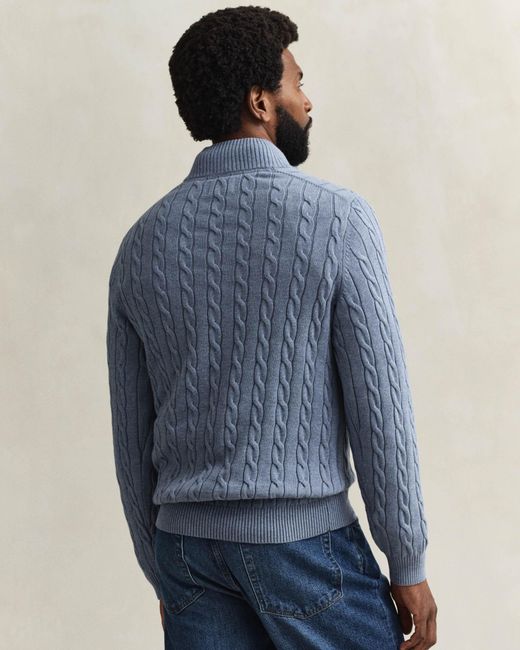 Gant Blue Cotton Cable Half Zip Jumper for men