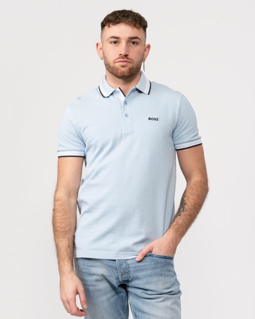 Boss Blue Paddy Cotton-Piqué Polo Shirt With Contrast Logo for men