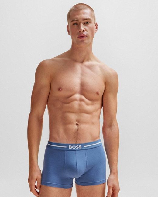 Boss Blue Three-pack Of Stretch-cotton Trunks With Logo Waistbands for men