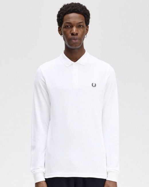 Fred Perry White Long Sleeve Plain Signature Polo Shirt for men