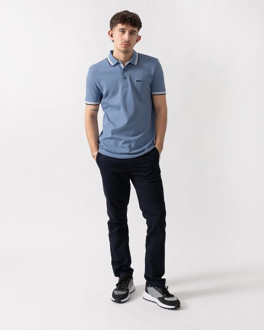 Boss Blue Paddy Cotton-Piqué Polo Shirt With Contrast Logo for men