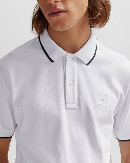 Boss White Passertip Short Sleeve Polo Shirt With Tipped Collar for men