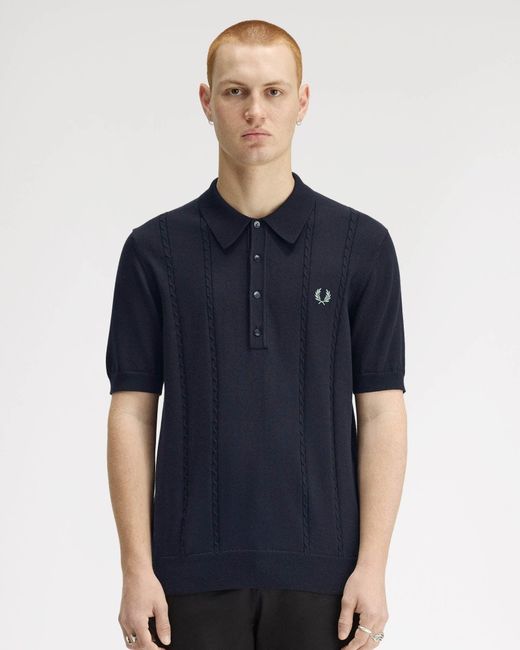 Fred Perry Blue Cable Knitted Polo Shirt for men