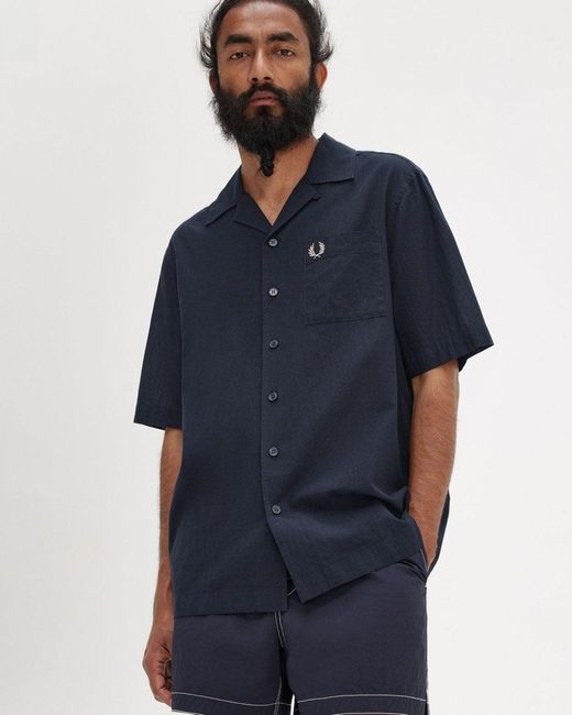 Fred Perry Blue Lightweight Texture Revere Collar Short Sleeve Shirt for men