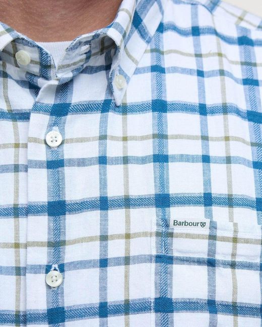 Barbour Blue Glover Short Sleeve Linen Blend Check Shirt for men