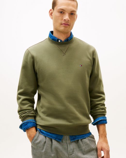 Tommy Hilfiger Green Essential Flag Embroidery Fleece Crew Sweatshirt for men