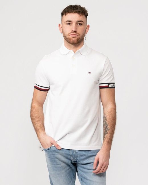 Tommy Hilfiger White Monotype Flag Cuff Slim Polo for men