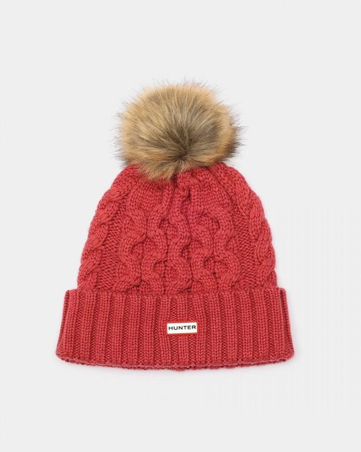 Hunter Red Unisex Cable Knit Beanie With Pom