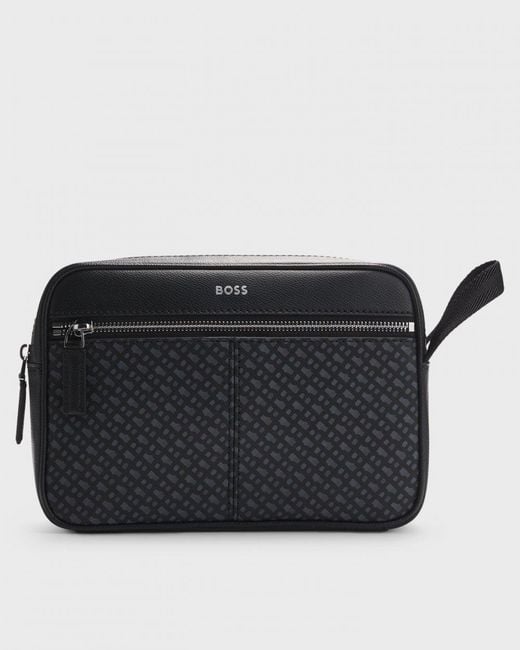Boss Black Boss Zair Faux-Leather Washbag With Monogram-Print Front Pocket 001 for men