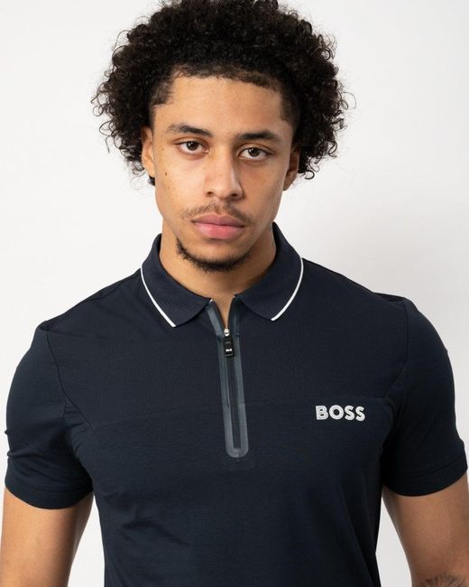 Boss Blue Philix Slim Fit Zip-neck Polo Shirt for men