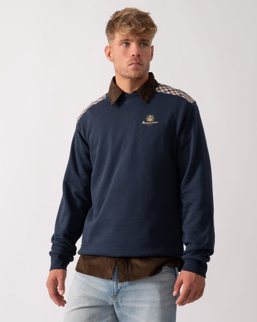 Aquascutum Blue Club Check Shoulder Crew Neck Fleece Sweatshirt for men