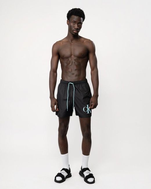 Calvin Klein Black Ckj Monogram Medium Drawstring Swimshorts for men