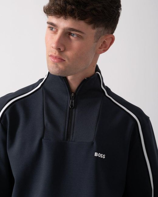 Boss Blue Sweat 1 1/4 Zip Sweatshirt With Contrast Piping Size: M for men