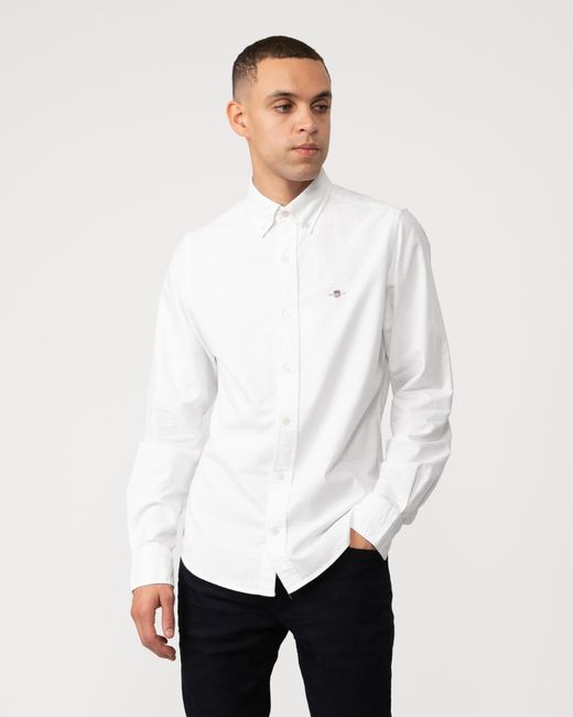 Gant White Slim Fit Long Sleeve Oxford Shirt for men
