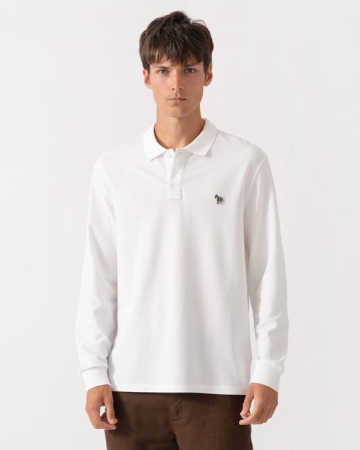 Paul Smith White Ps Long Sleeve Plain Polo Shirt With Zebra Logo for men