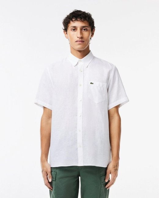 Lacoste White Short Sleeve Straight Cut Linen Shirt for men
