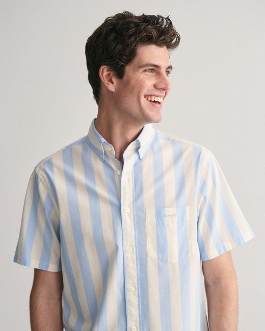 Gant White Regular Fit Poplin Parasol Stripe Short Sleeve Shirt for men
