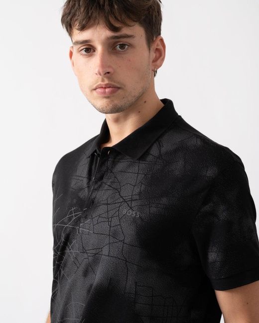 Boss Black Boss Paddy 3 Cotton-Blend Polo Shirt With Decorative Reflective Print 001, Size: L for men