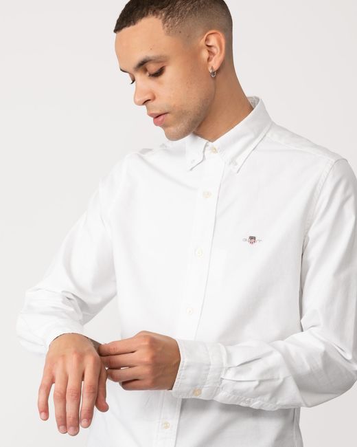 Gant White Slim Fit Long Sleeve Oxford Shirt for men