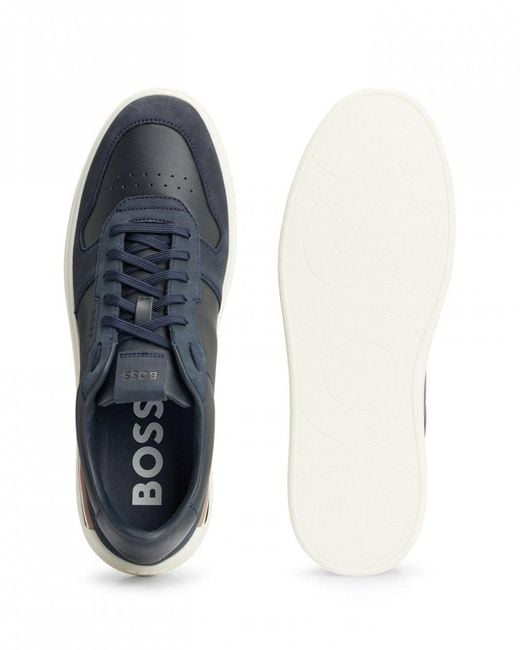 Boss Blue Clint Cupsole Lace-up Trainers In Leather And Suede