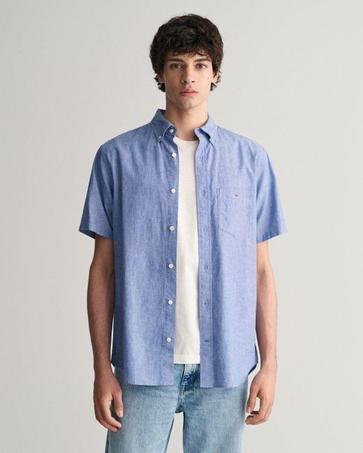 GANT Regular Fit Cotton Linen Short Sleeve Shirt in Blue for Men | Lyst
