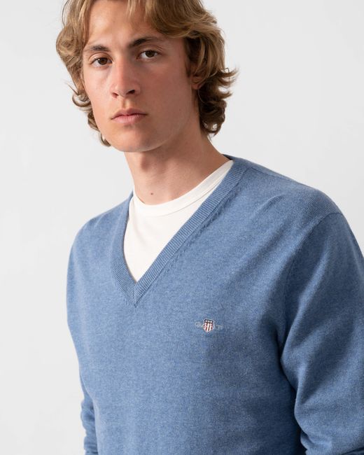 Gant Blue Classic Cotton V-Neck Jumper for men
