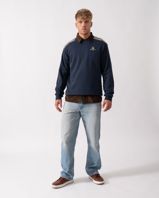 Aquascutum Blue Club Check Shoulder Crew Neck Fleece Sweatshirt for men