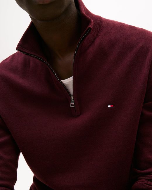 Tommy Hilfiger Red Essential Cotton 1/4 Zip Mock Sweatshirt for men