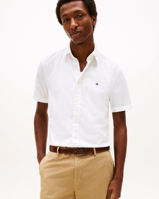 Tommy Hilfiger White Core Flex Poplin Solid Short Sleeve Shirt for men