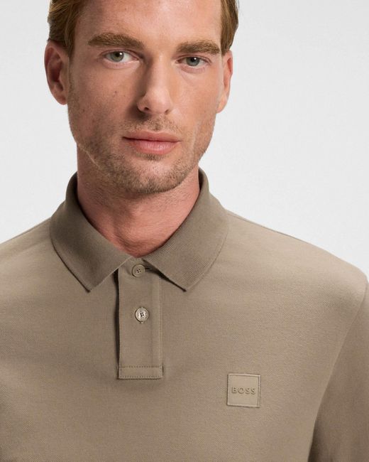 Boss Natural Passerby Long Sleeve Stretch-Cotton Polo Shirt With Logo Patch for men