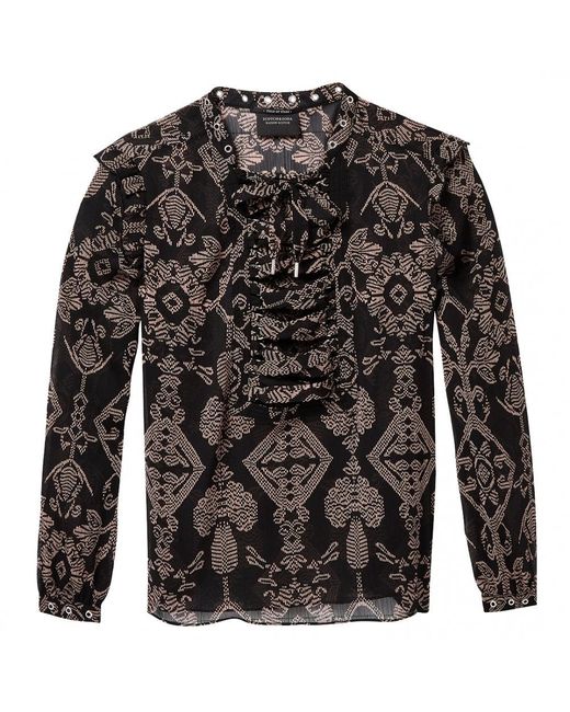 Maison Scotch Black Sheer Printed Lace Up Eyelet Details Top
