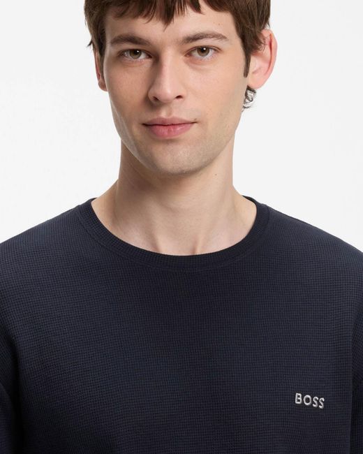 Boss Blue Waffle Ottoman Pyjama T-Shirt With Embroidered Logo for men