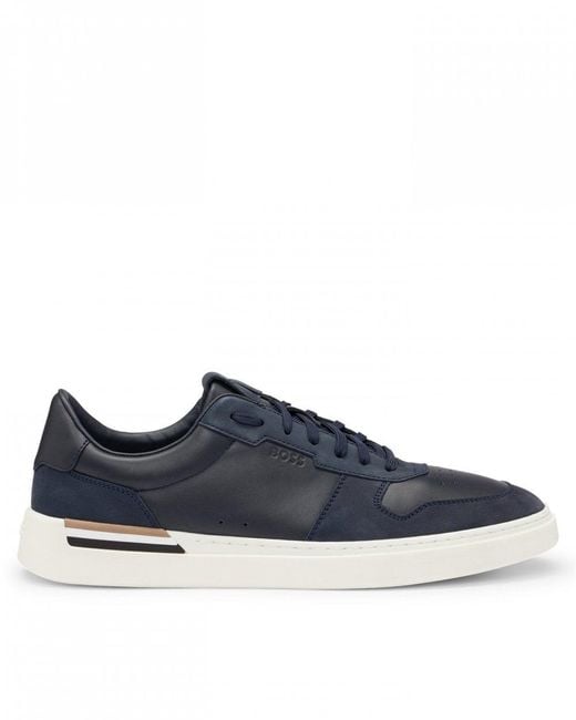 Boss Blue Clint Cupsole Lace-up Trainers In Leather And Suede