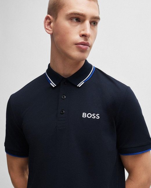 Boss Blue Paddy Pro Cotton Blend Polo Shirt With Contrast Logos Nos Size: L for men