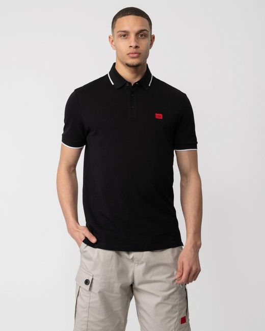 HUGO Black Deresino232 Tipped Polo Shirt With Logo Label for men