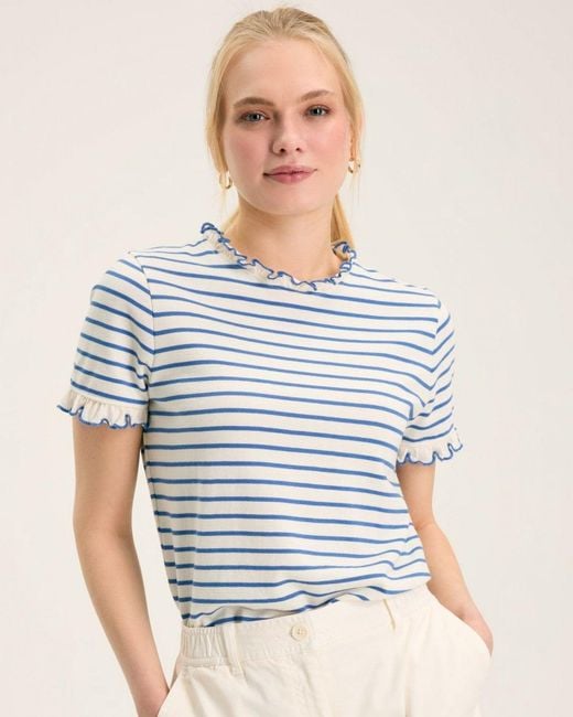 Joules Blue Daisy Short Sleeve Frilled Neck Top