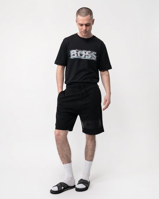 Boss Black Authentic Cotton-terry Drawstring Lounge Shorts With Logo Print for men