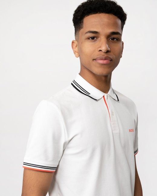 Boss White Paul Short Sleeve Polo Shirt With Contrast Tipping for men