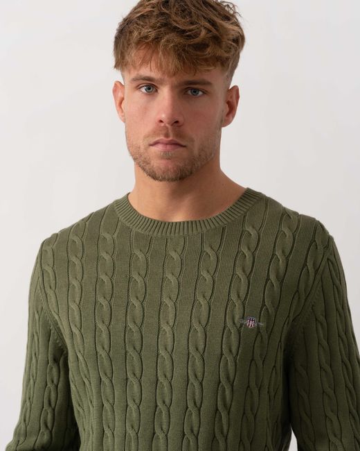 Gant Green Cotton Cable Knit Crew Neck Jumper for men