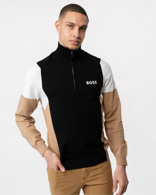 Boss Black Zelchior-x Cotton Blend Zip-neck Sweater With Embroidered Logos for men