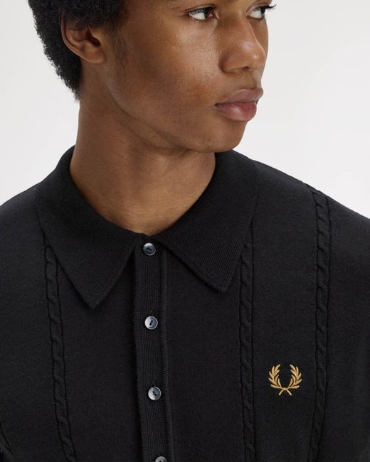 Fred Perry Black Cable Knitted Long Sleeve Polo Shirt for men