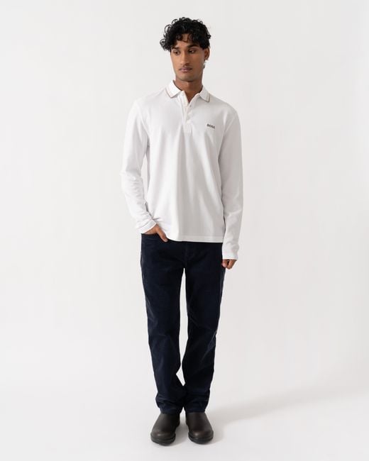 Boss White Plisy Long Sleeve Polo Shirt for men